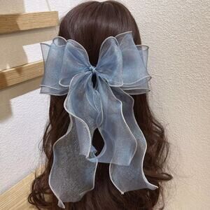 Blue Shiny Chiffon Hair Bow Clips Imported from Korea
